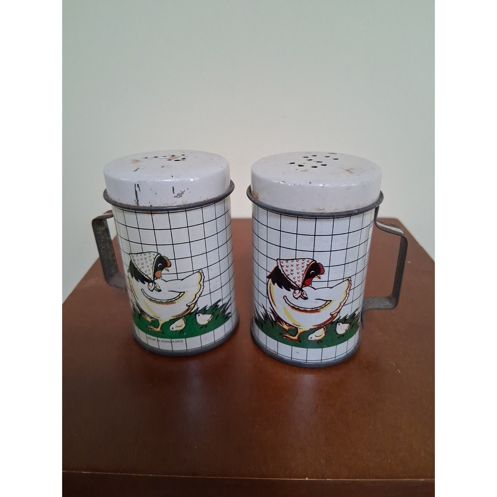 Primitive Vintage Aluminum Salt & Pepper Shakers Hand Painted Sheep & Little Hen